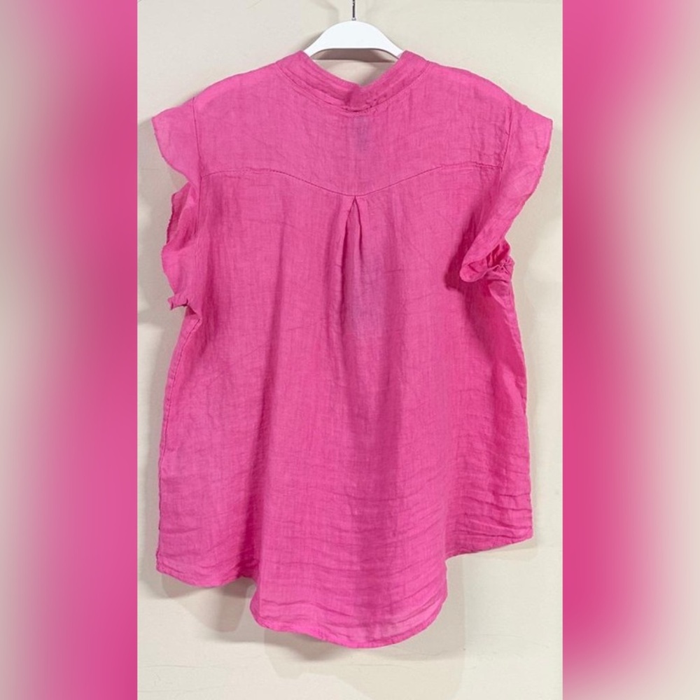 (8093-FUCH) SOLID RUFFLE SHORT SLEEVE CHEST POCKET BUTTON DOWN LINEN TOP - Picture 2 of 6